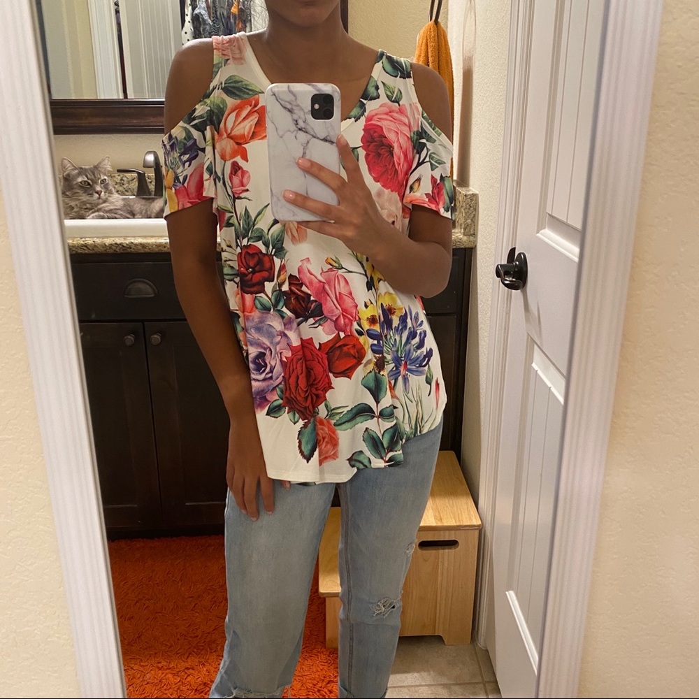 BRAND NEW Floral Print Cold Shoulder Blouse